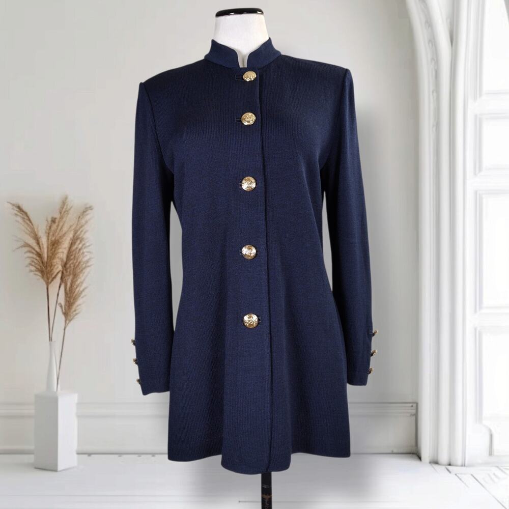 St. John Basics Size 8 Navy Santana Knit Long Jacket Gold Buttons Vintage